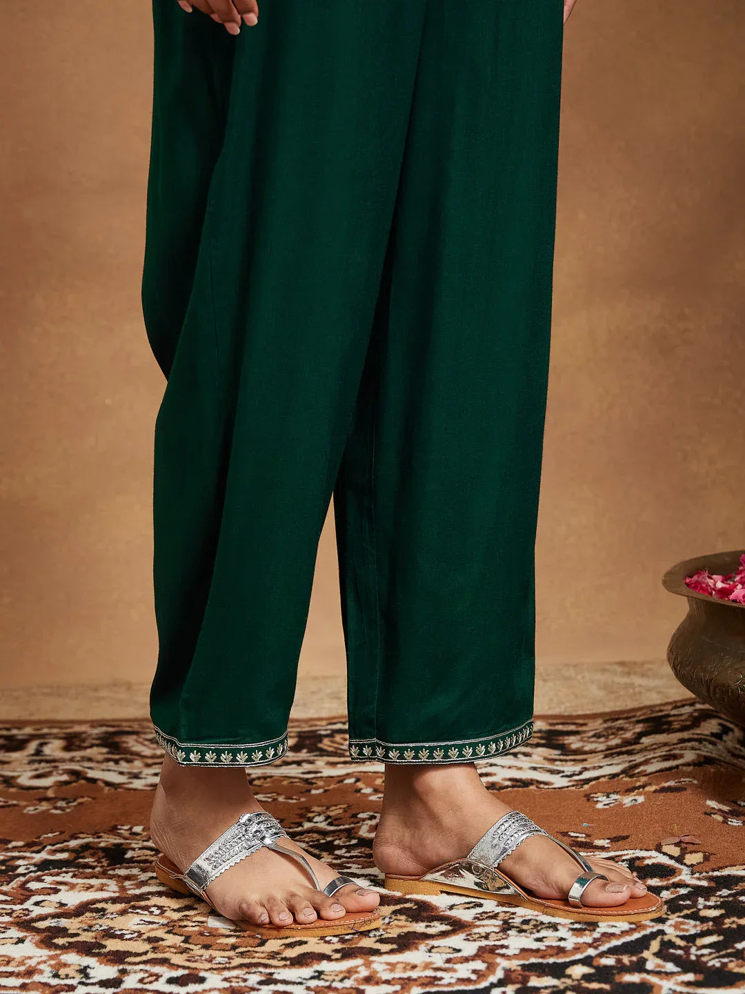 Janasya Women's Dark Green Rayon Yoke Embroidered Gold Printed A-line Kurta Set