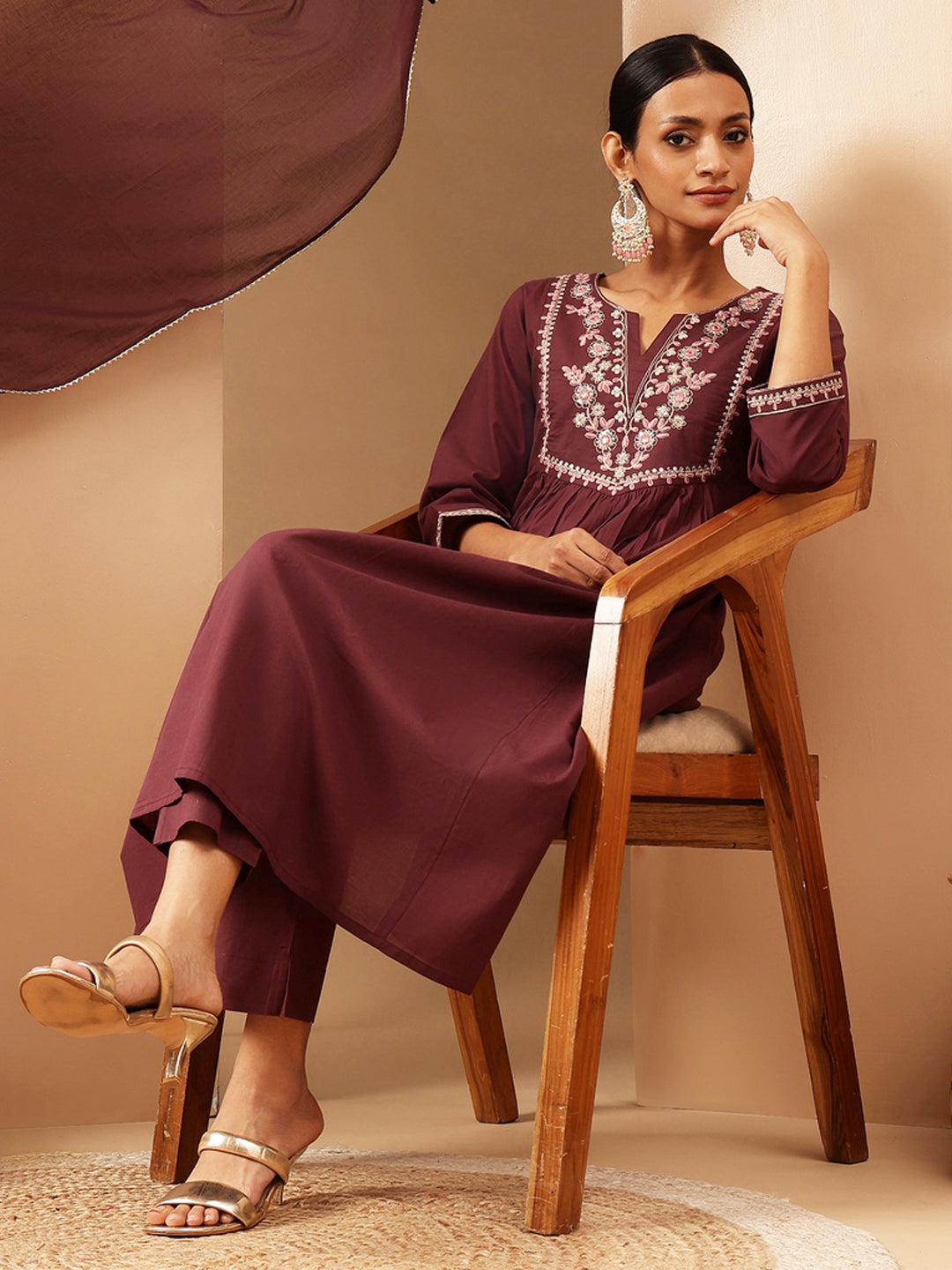 Janasya Women's Bungundy Pure Cotton Yoke Embroidered A-line Kurta Set - qivii