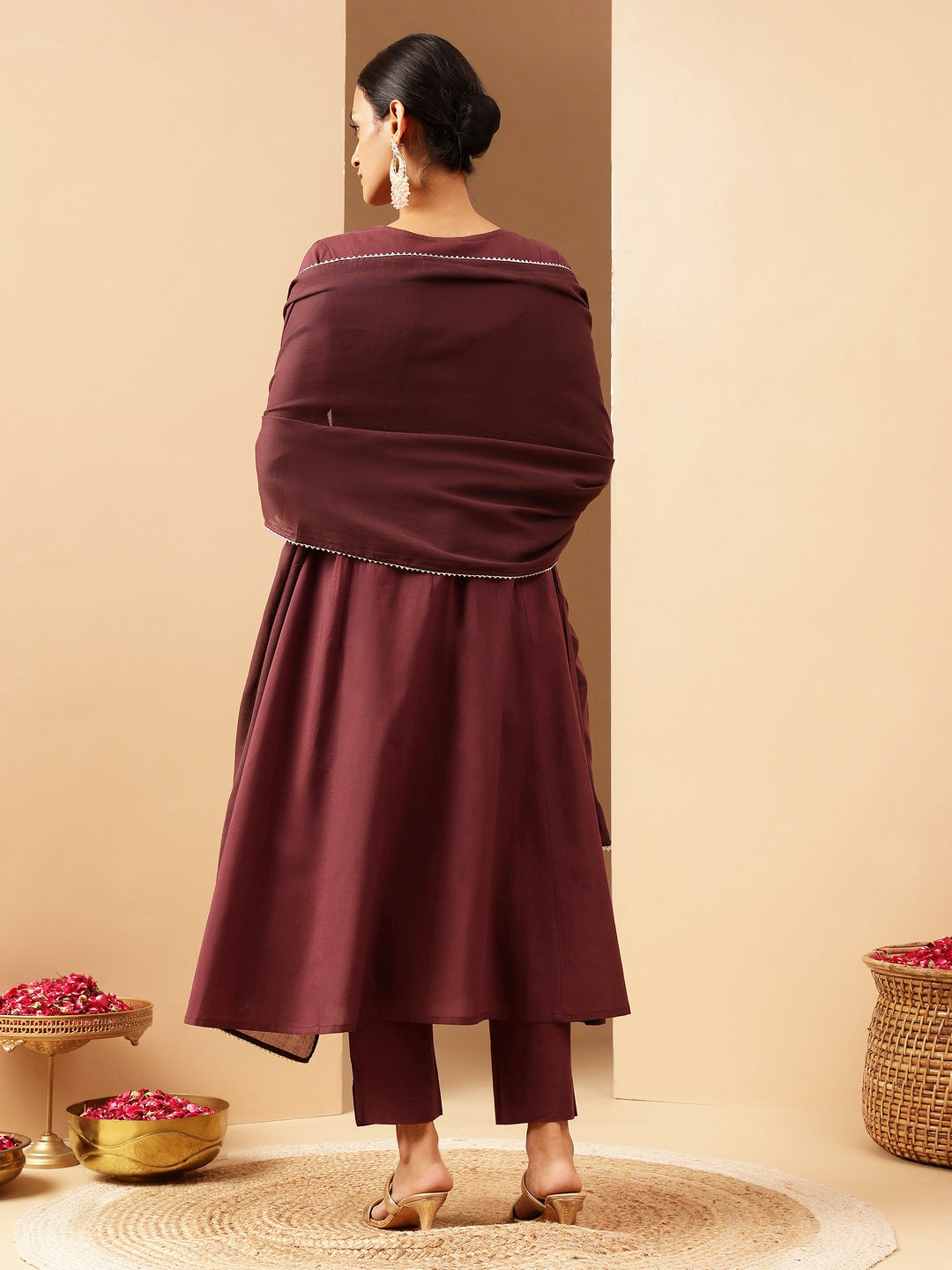 Janasya Women's Bungundy Pure Cotton Yoke Embroidered A-line Kurta Set - qivii