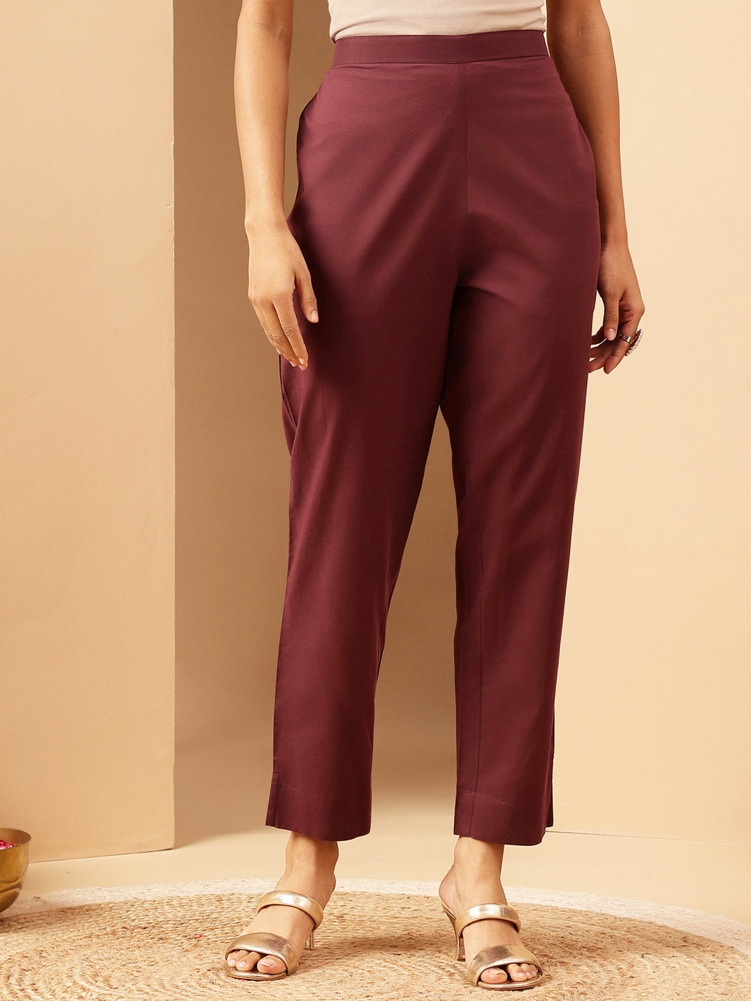 Janasya Women's Bungundy Pure Cotton Yoke Embroidered A-line Kurta Set - qivii