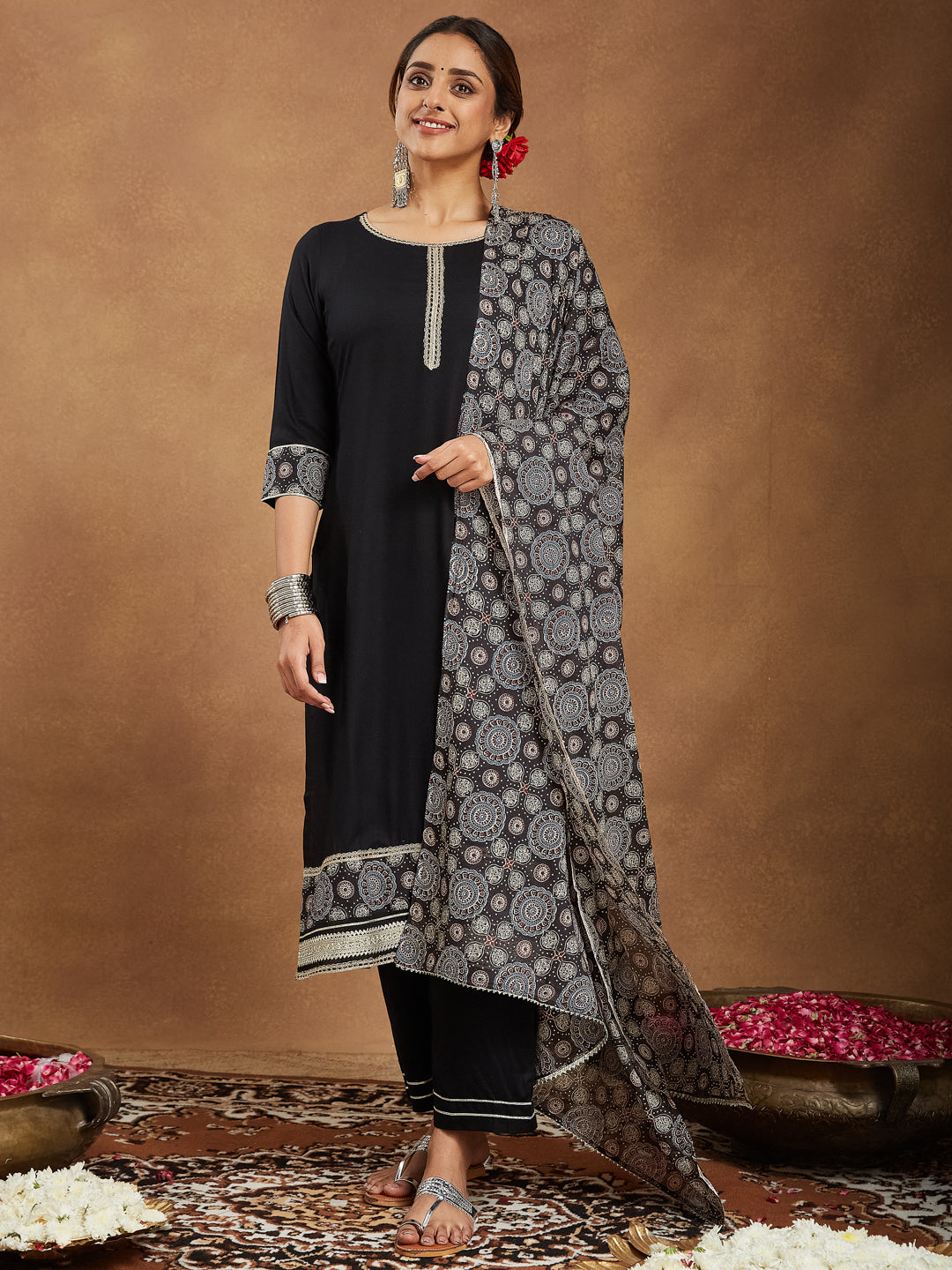 Janasya Women's Black Rayon Ajrakh Printed Straight Kurta Set - qivii