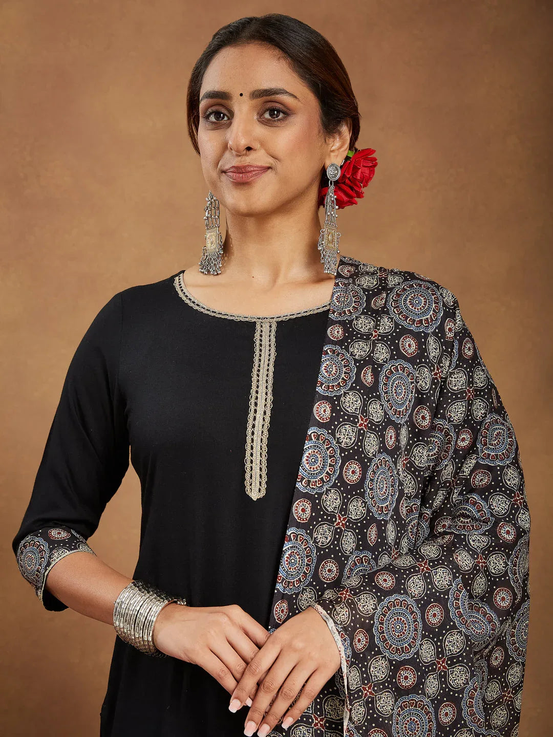 Janasya Women's Black Rayon Ajrakh Printed Straight Kurta Set