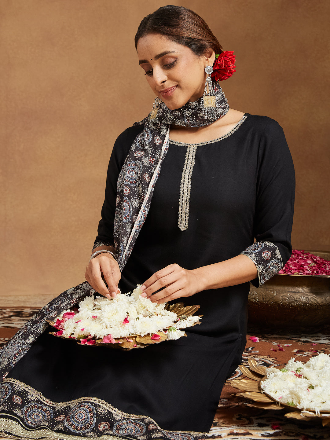 Janasya Women's Black Rayon Ajrakh Printed Straight Kurta Set - qivii