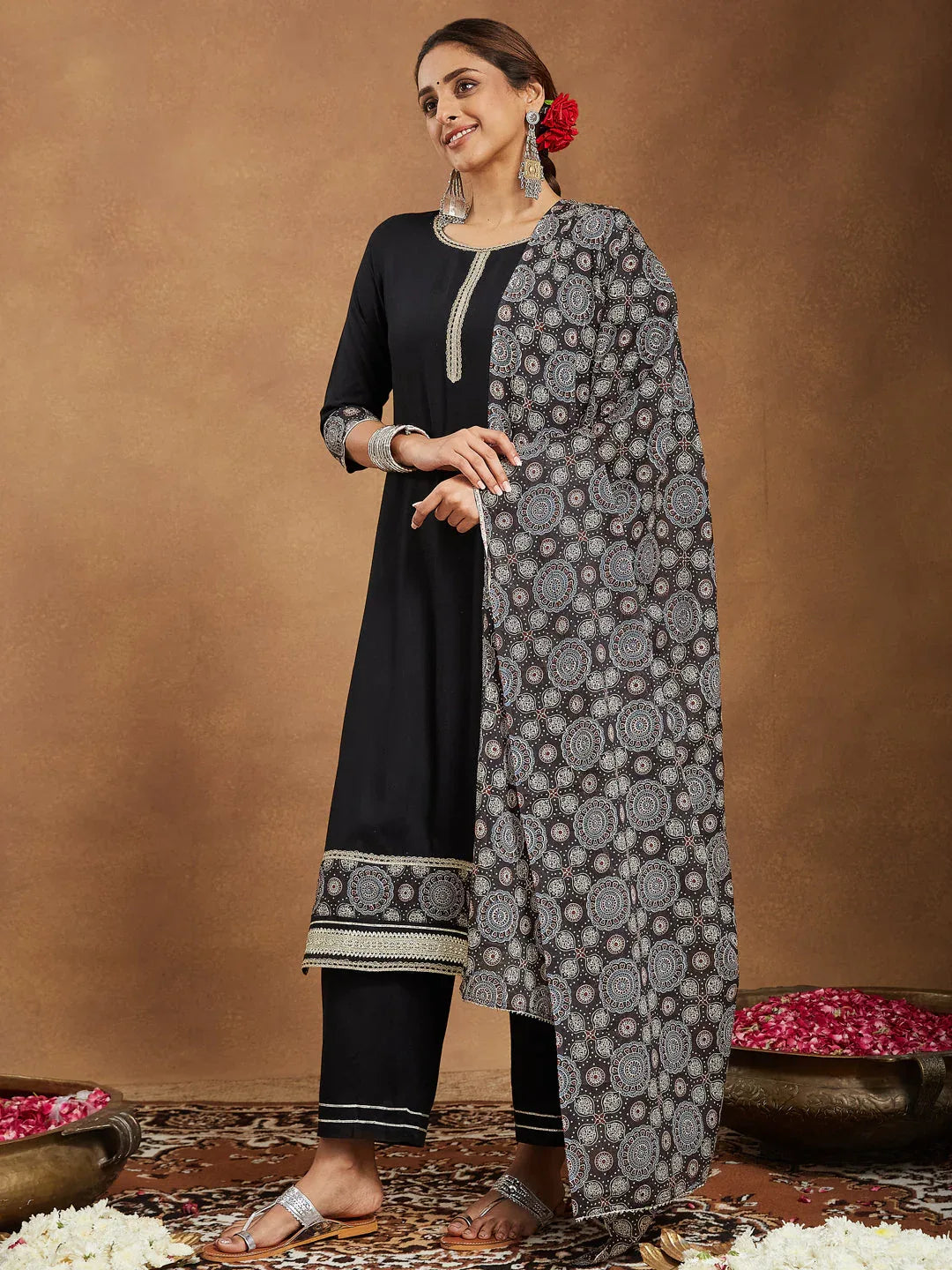 Janasya Women's Black Rayon Ajrakh Printed Straight Kurta Set