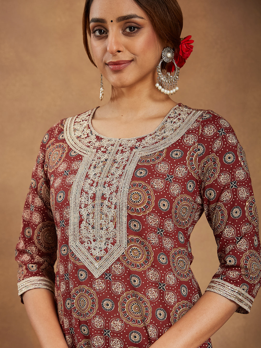 Janasya Women's Maroon Pure Cotton Ethnic Motifs Printed Straight Kurta Set - qivii