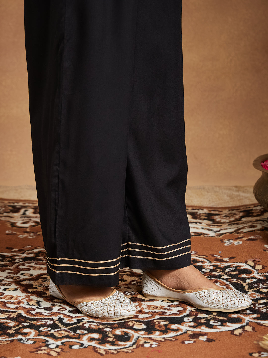 Janasya Women's Black Pure Cotton Ajrakh Printed Straight Kurta Set - qivii