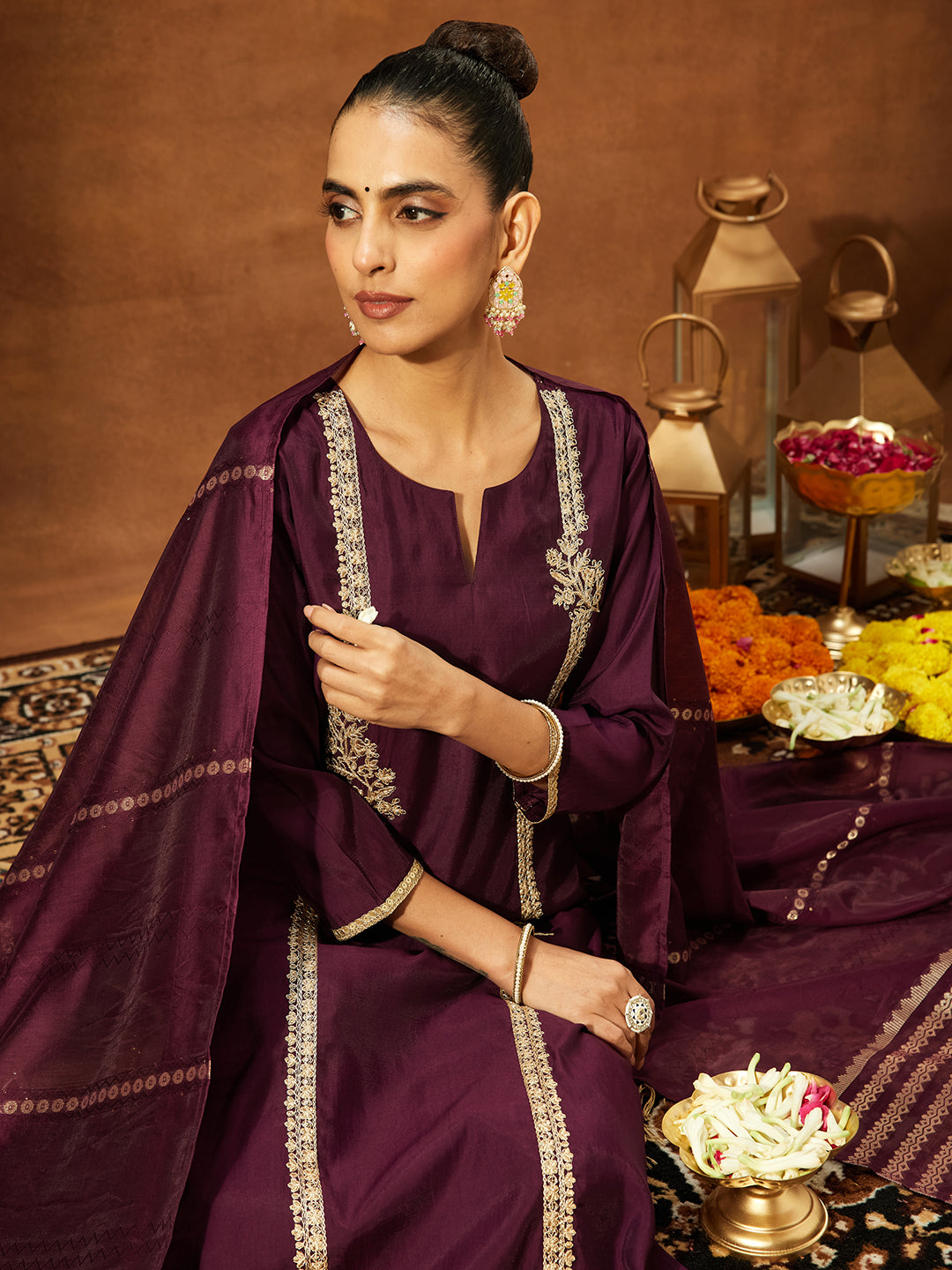 Janasya Women's Wine Chanderi Silk Embroidered Straight Kurta Set - qivii