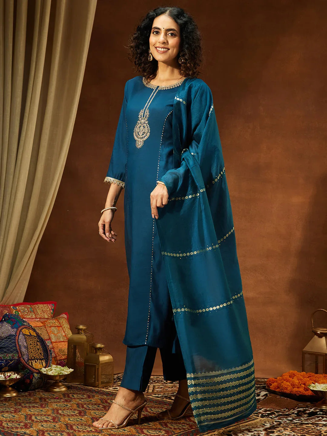 Janasya Women's Teal Chanderi Yoke Embroidery Straight Kurta Set