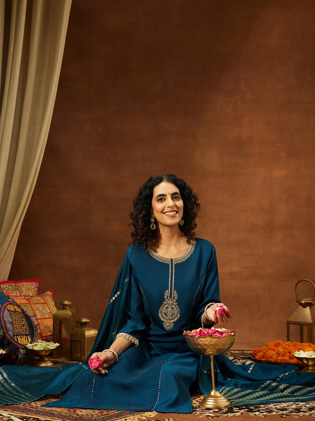 Janasya Women's Teal Chanderi Yoke Embroidery Straight Kurta Set