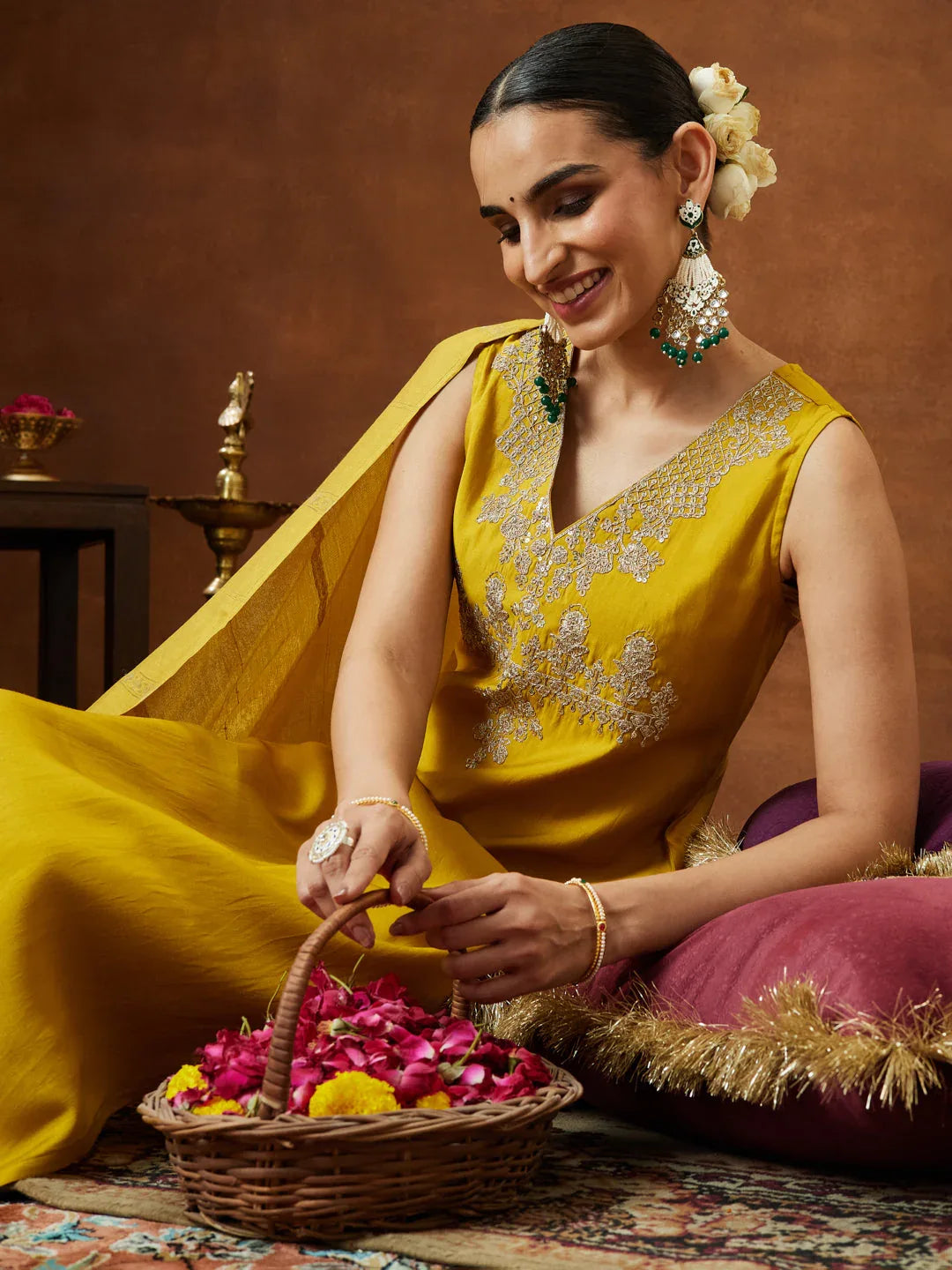 Janasya Women's Mustard Chanderi Silk Zari Embroidered Straight Kurta Pant Set