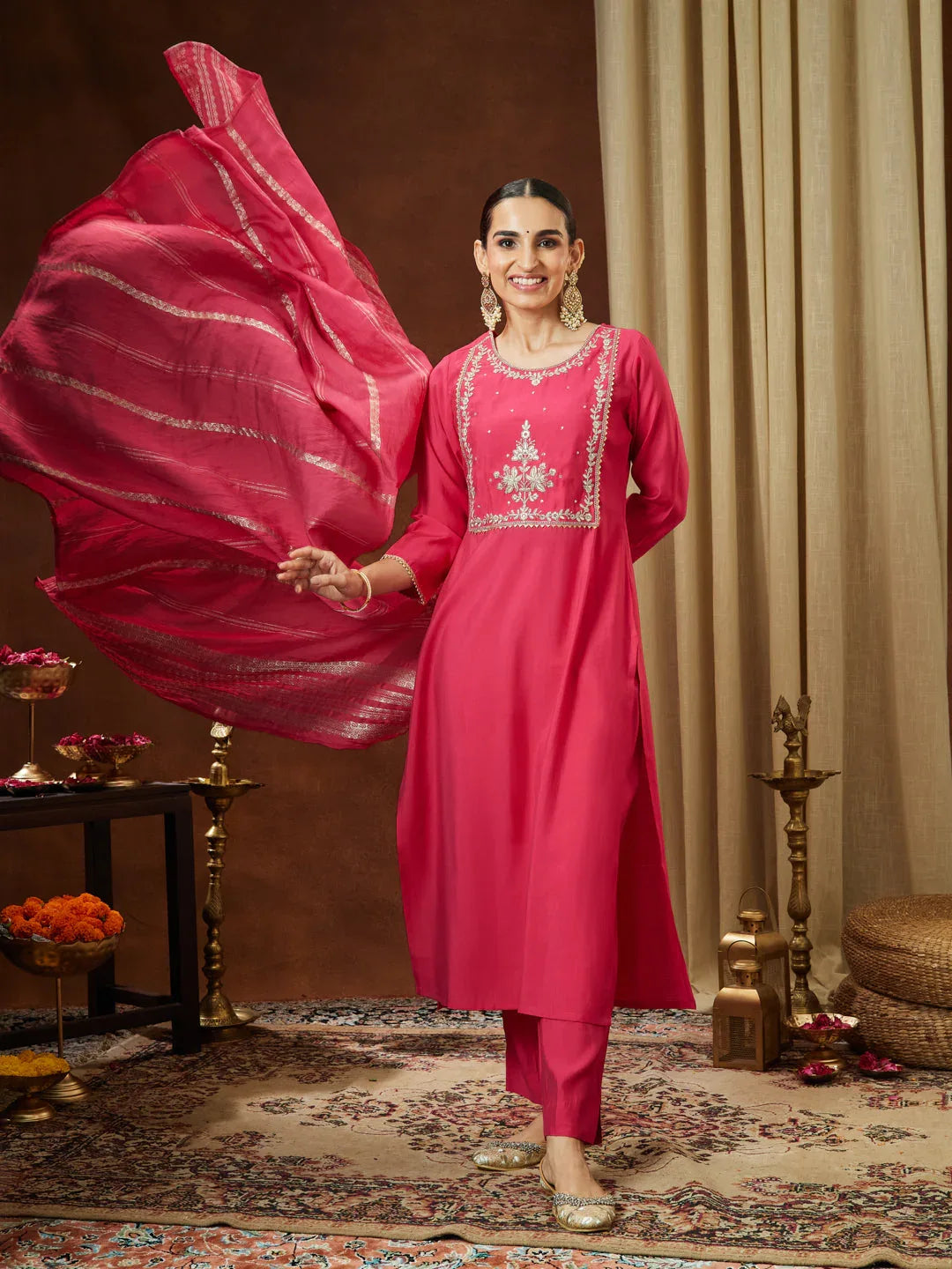 Janasya Women's Pink Chanderi Silk Zari Yoke Embroidered Straight Kurta Set