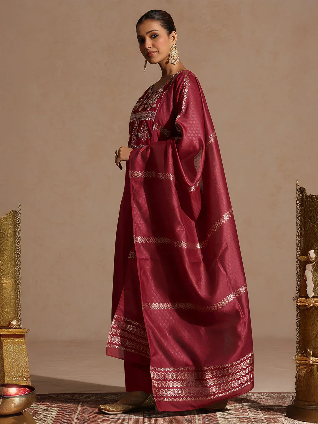 Janasya Women's Maroon Chanderi Silk Yoke Embroidered Straight Kurta Set