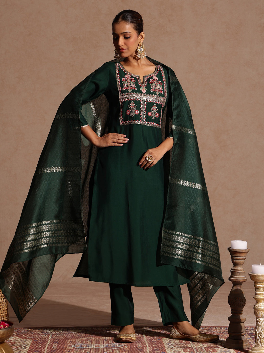 Janasya Women's Bottle Green Chanderi Silk Zari Yoke Embroidered Straight Kurta Set - qivii