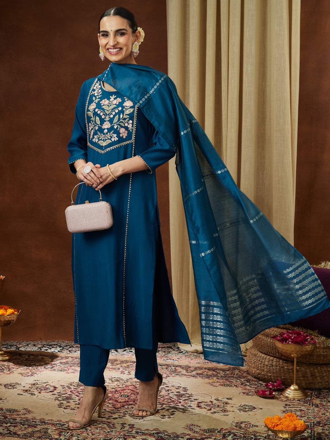 Janasya Women's Teal Blue Chanderi Silk Yoke Embroidered Straight Kurta Set - qivii