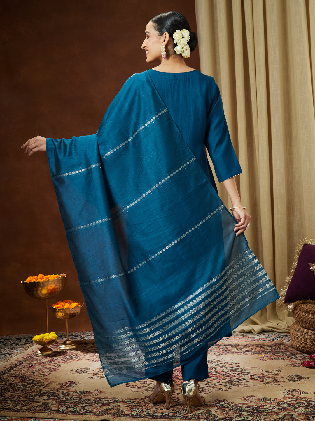 Janasya Women's Teal Blue Chanderi Silk Yoke Embroidered Straight Kurta Set - qivii