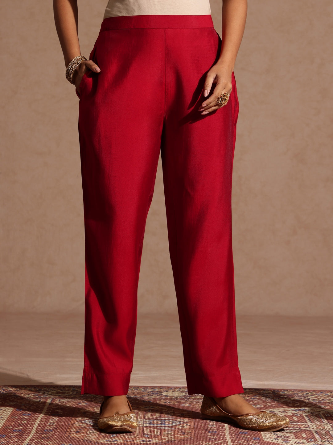 Janasya Women's Maroon Chanderi Silk Zari Yoke Embroidered Straight Kurta Set - qivii