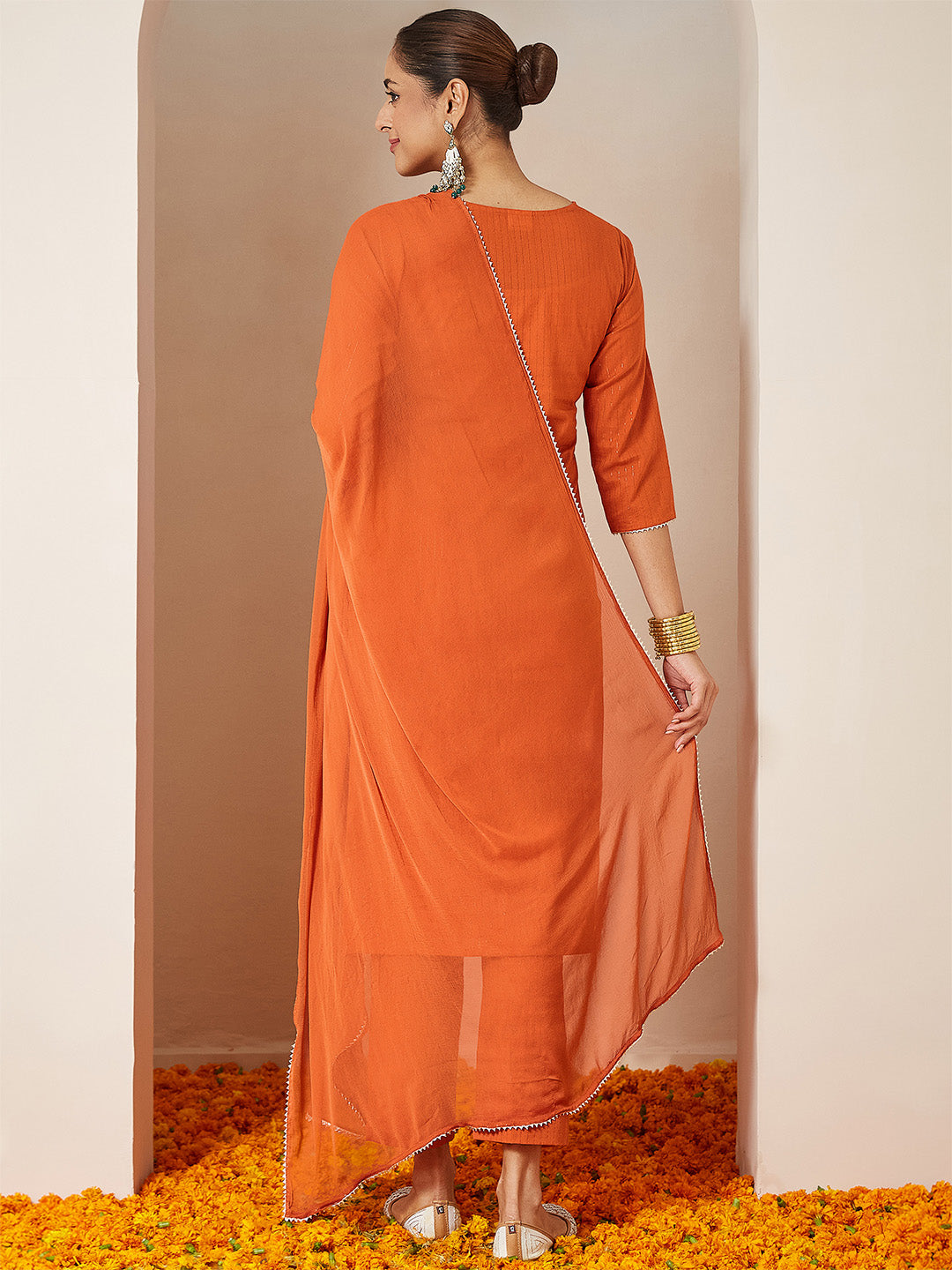 Janasya Women's Orange Pure Cotton Embellished Yoke Design Straight Kurta Set - qivii