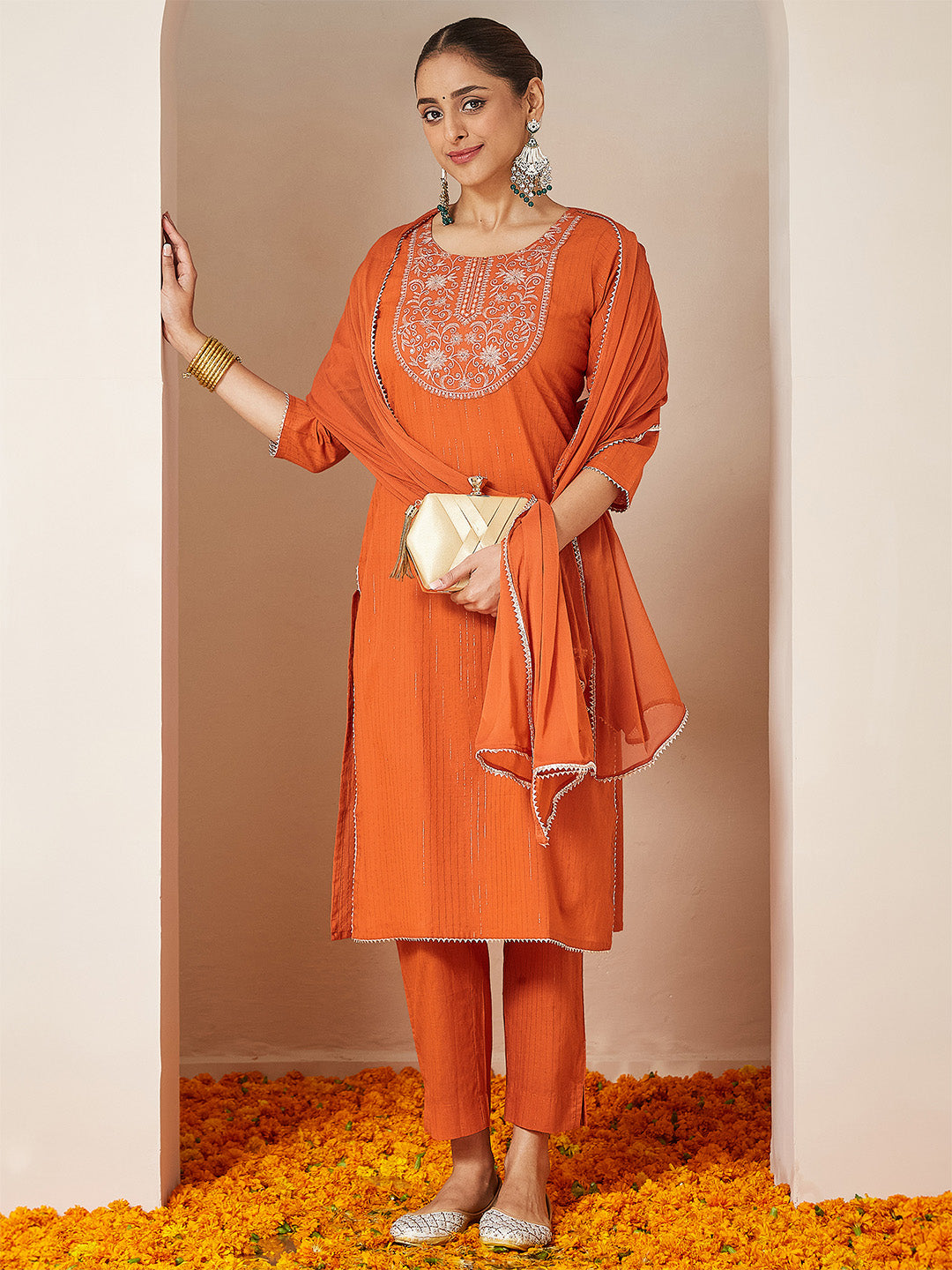 Janasya Women's Orange Pure Cotton Embellished Yoke Design Straight Kurta Set - qivii