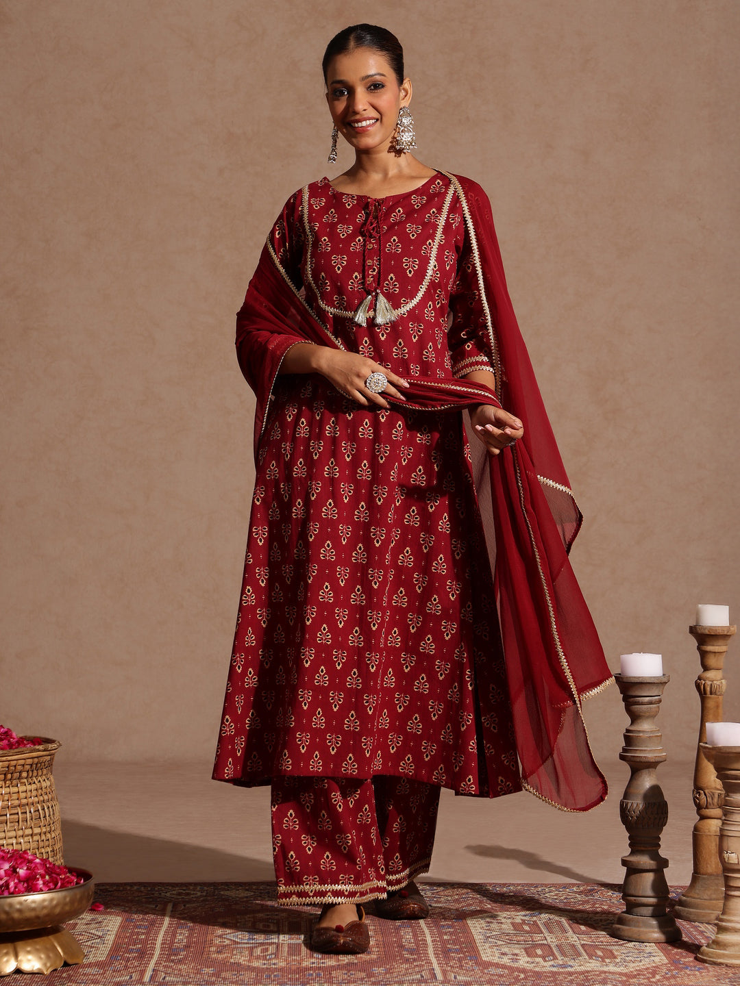 Janasya Women's Maroon Pure Cotton Floral Printed A-line Kurta With Palazzo & Dupatta Set - qivii