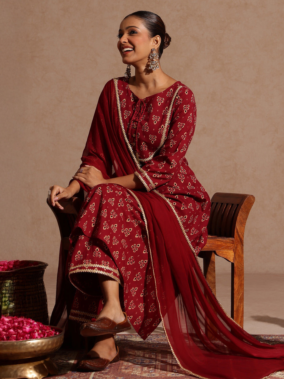 Janasya Women's Maroon Pure Cotton Floral Printed A-line Kurta With Palazzo & Dupatta Set - qivii