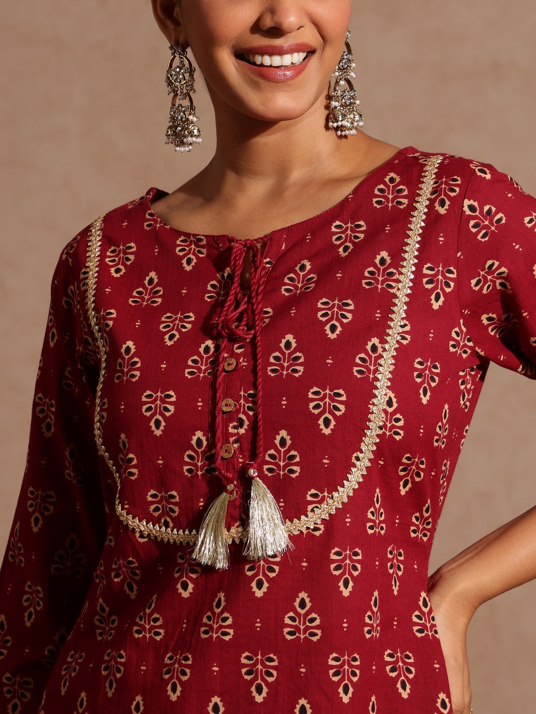 Janasya Women's Maroon Pure Cotton Floral Printed A-line Kurta With Palazzo & Dupatta Set - qivii