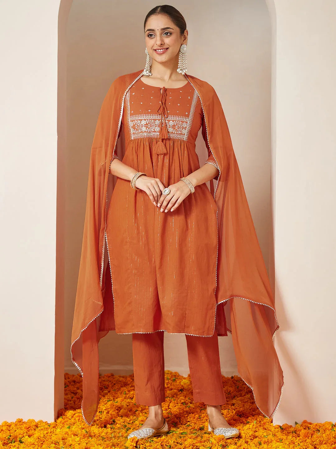 Janasya Women's Orange Pure Cotton Embroidered A-line Kurta Set