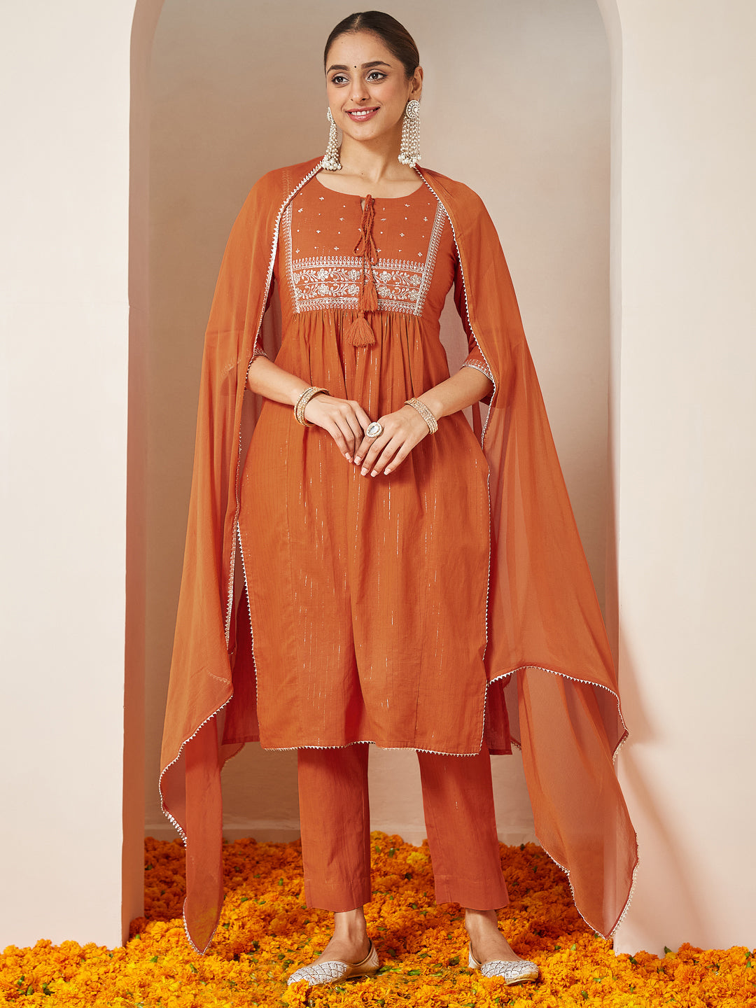 Janasya Women's Orange Pure Cotton Embroidered A-line Kurta Set - qivii