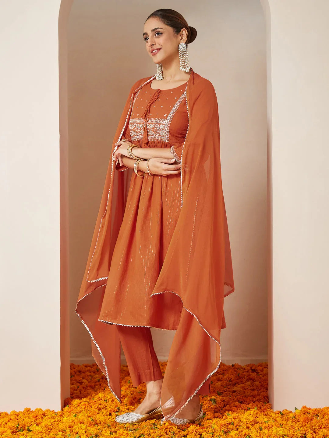 Janasya Women's Orange Pure Cotton Embroidered A-line Kurta Set