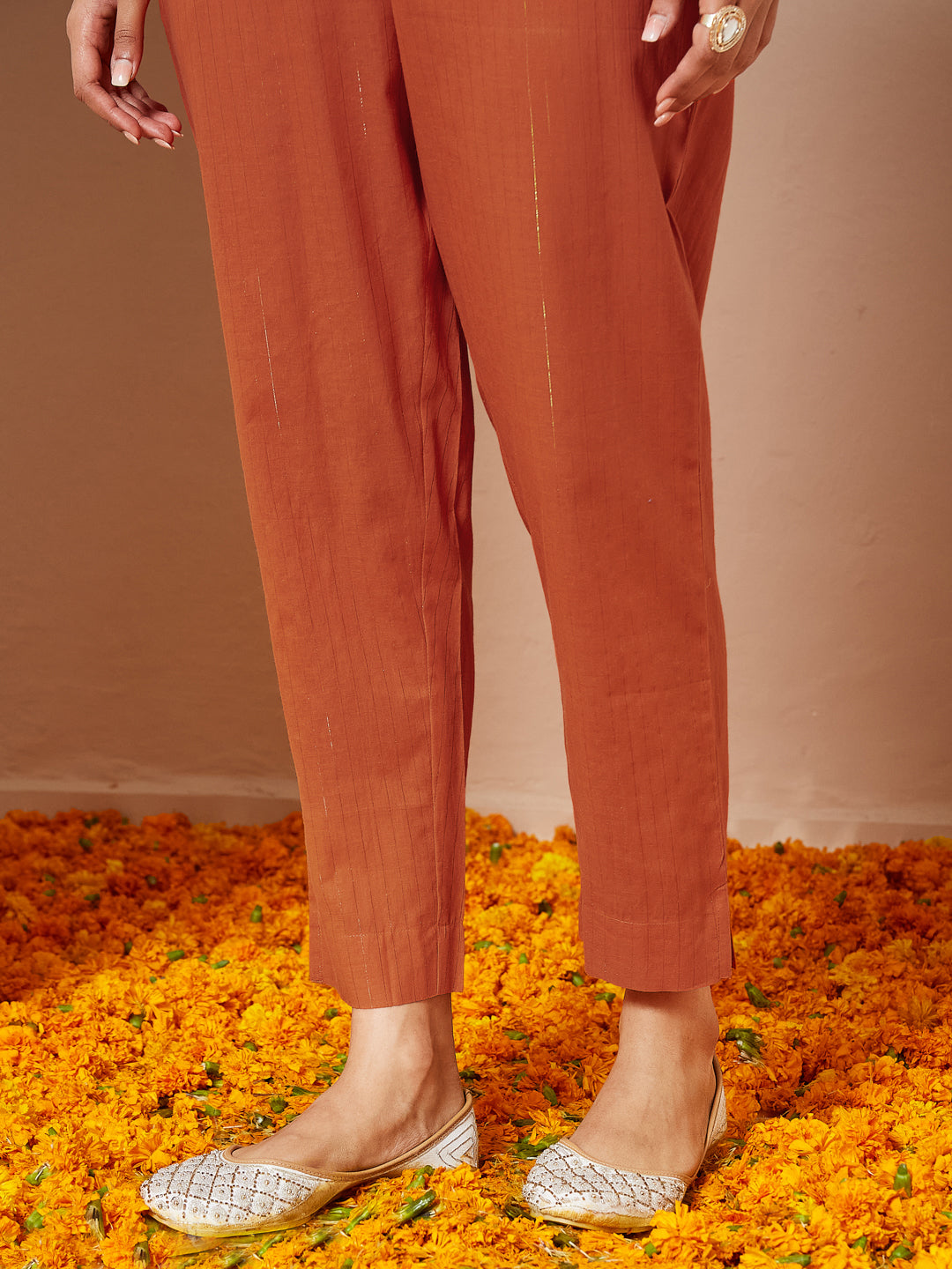 Janasya Women's Orange Pure Cotton Embroidered A-line Kurta Set - qivii