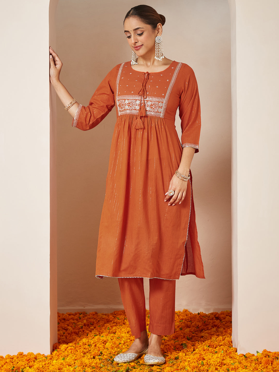 Janasya Women's Orange Pure Cotton Embroidered A-line Kurta Set - qivii