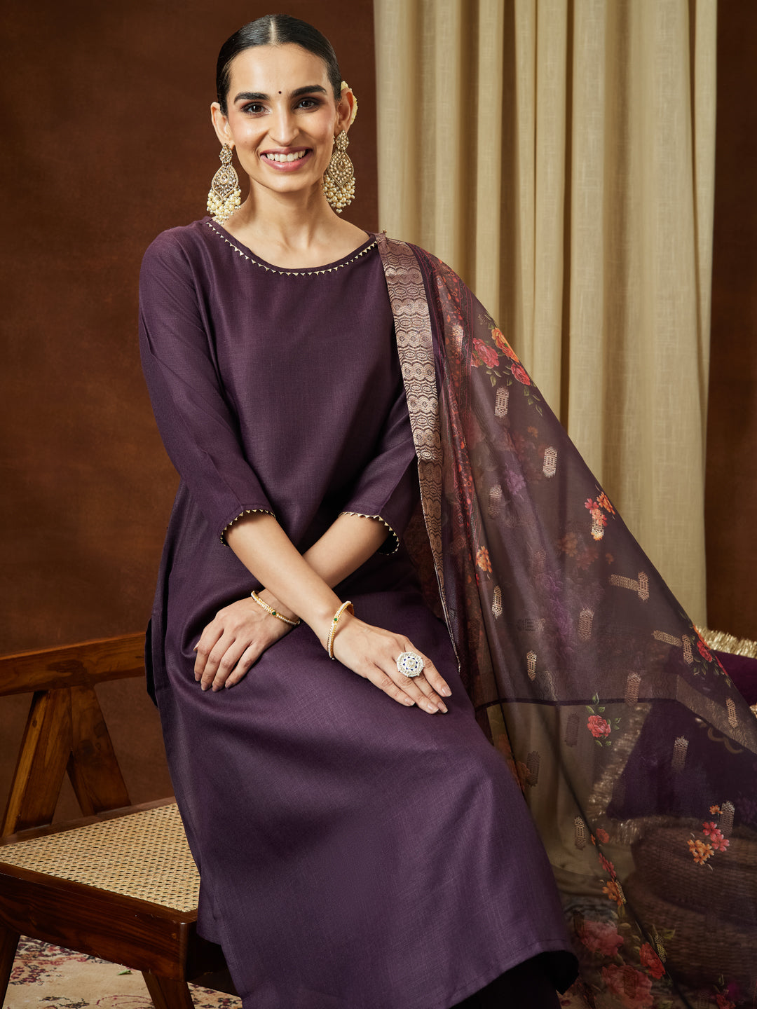 Janasya Women's Wine Cotton Blend Solid Straight Kurta Set With Printed Dupatta - qivii