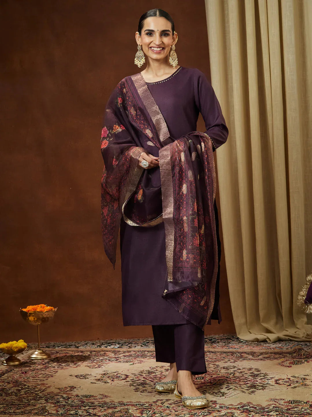 Janasya Women's Wine Cotton Blend Solid Straight Kurta Set With Printed Dupatta