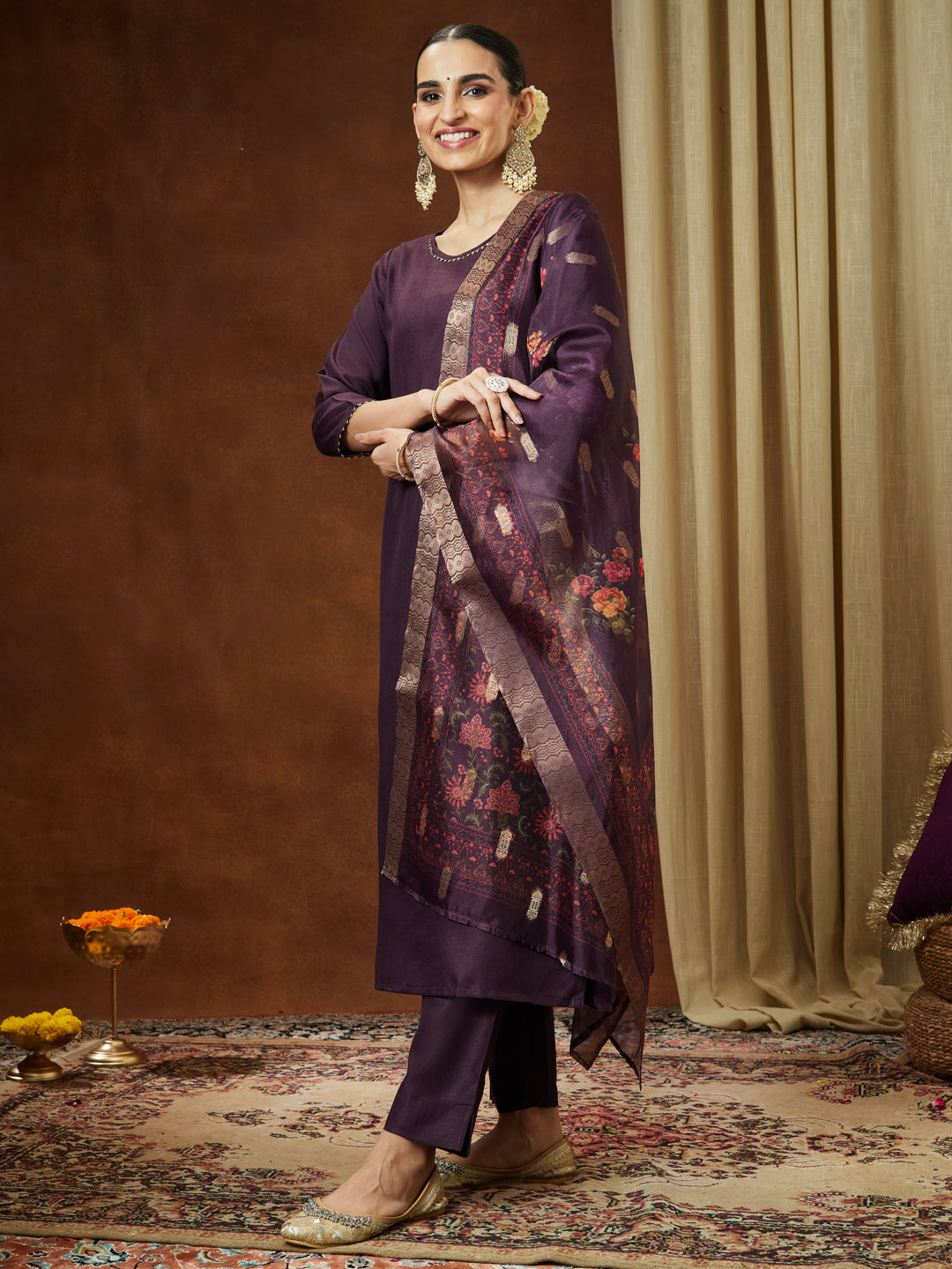 Janasya Women's Wine Cotton Blend Solid Straight Kurta Set With Printed Dupatta - qivii