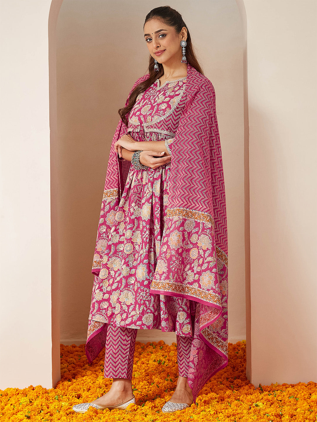 Janasya Women's Pink Pure Cotton Embellished Floral Printed A-line Kurta Set - qivii