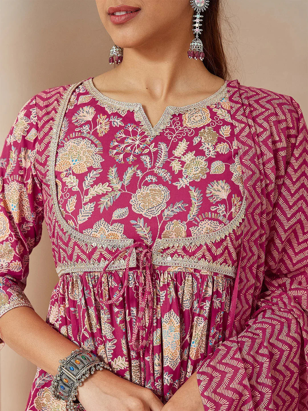 Janasya Women's Pink Pure Cotton Embellished Floral Printed A-line Kurta Set
