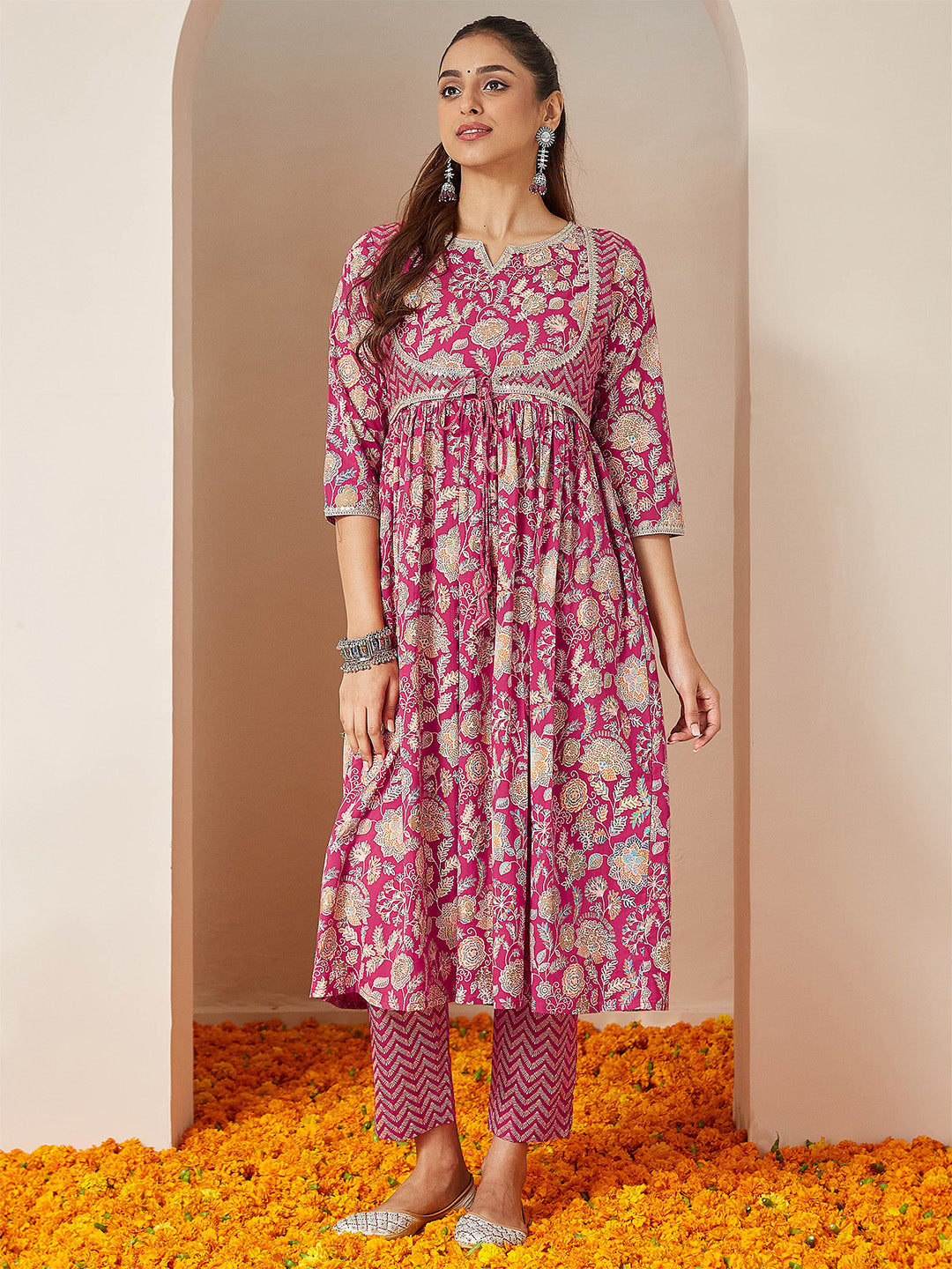 Janasya Women's Pink Pure Cotton Embellished Floral Printed A-line Kurta Set - qivii
