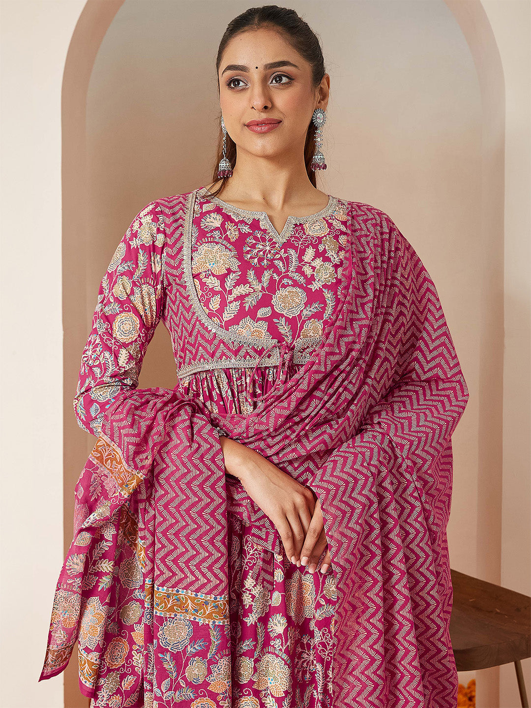 Janasya Women's Pink Pure Cotton Embellished Floral Printed A-line Kurta Set - qivii