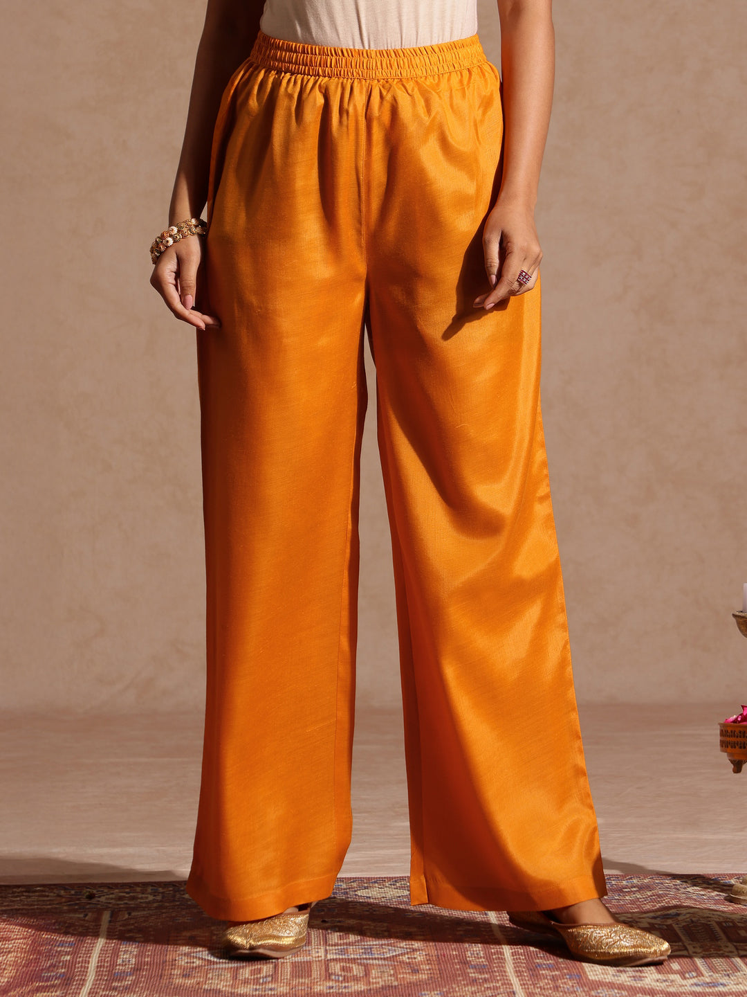 Janasya Women's Mustard Silk Blend Zari Yoke Embroidered A-line Kurta Set - qivii