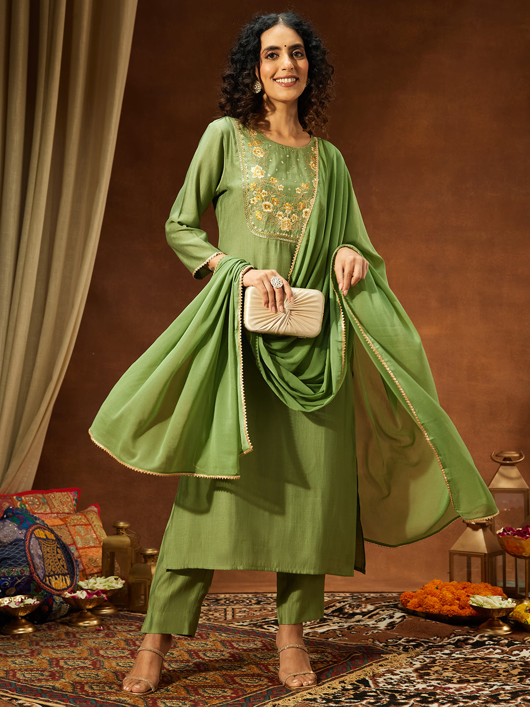 Janasya Women's Sage Green Silk Blend Zari Yoke Embroidered Straight Kurta Set - qivii