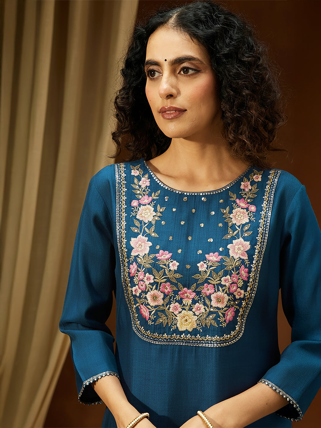 Janasya Women's Teal Blue Silk Blend Yoke Embroidered Straight Kurta Set