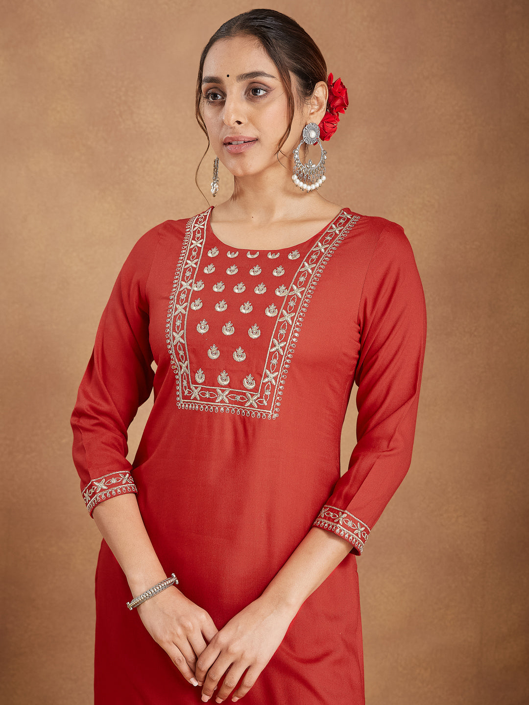 Janasya Women's Red Rayon Yoke Embroidered Straight Kurta Set - qivii