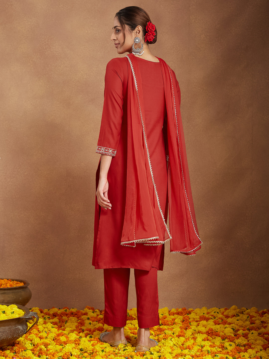 Janasya Women's Red Rayon Yoke Embroidered Straight Kurta Set - qivii