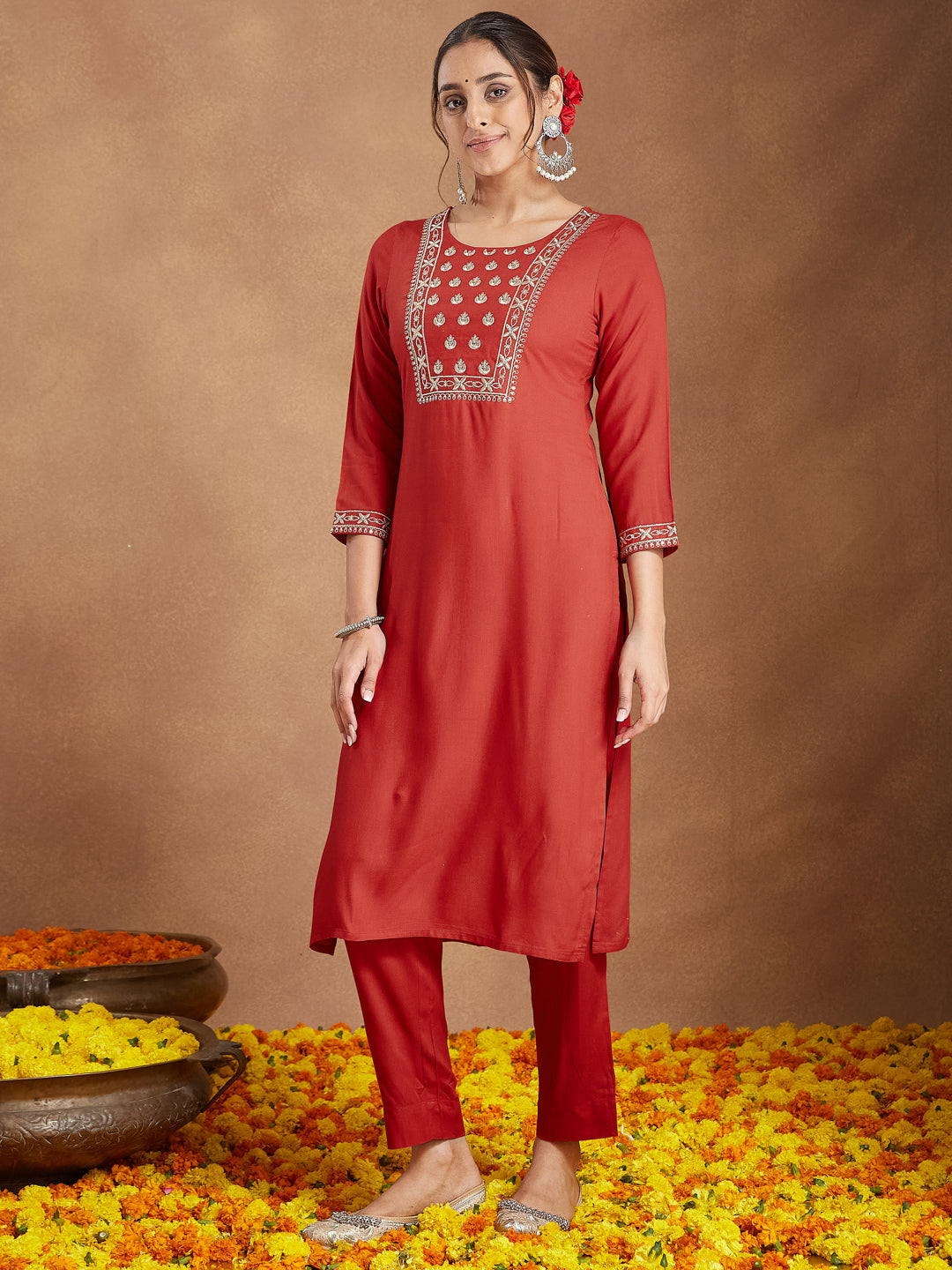 Janasya Women's Red Rayon Yoke Embroidered Straight Kurta Set - qivii