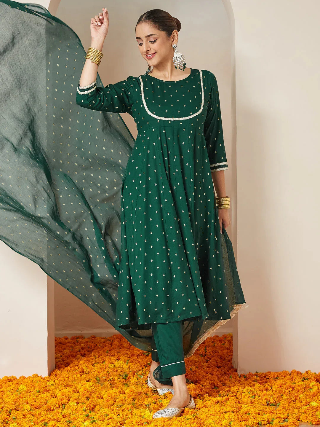 Janasya Women's Dark Green Rayon Gold Printed Anarkali Kurta Set