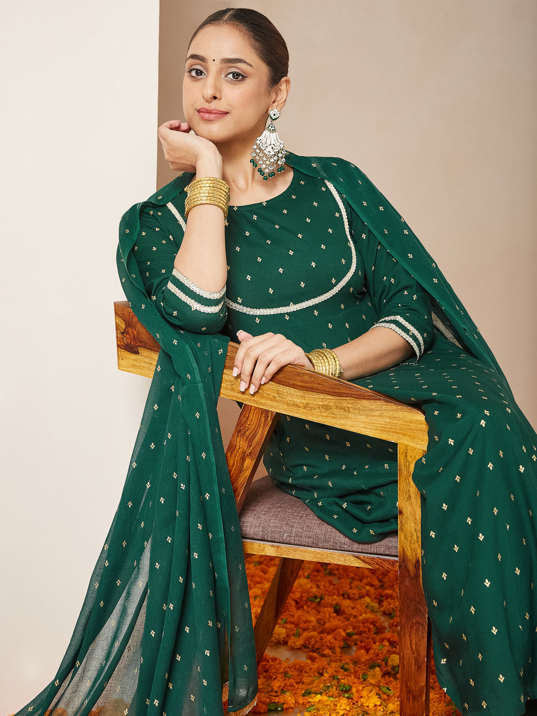 Janasya Women's Dark Green Rayon Gold Printed Anarkali Kurta Set - qivii