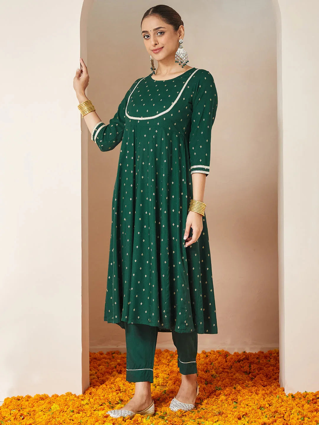 Janasya Women's Dark Green Rayon Gold Printed Anarkali Kurta Set