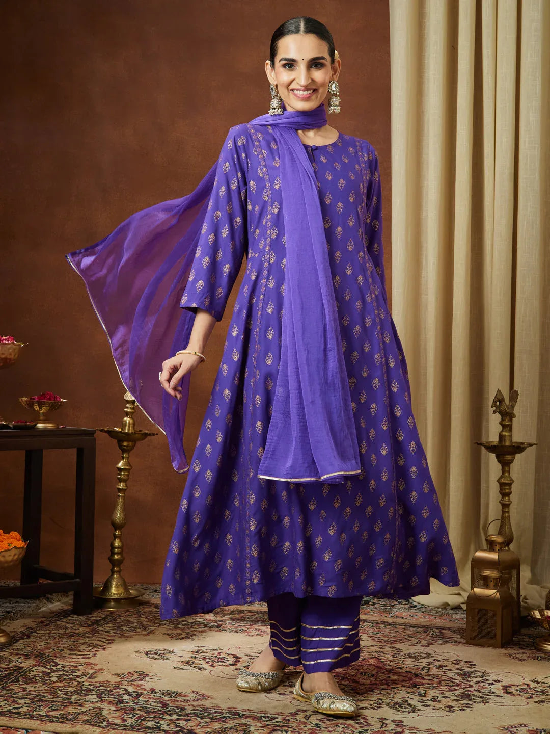 Janasya Women's Purple Rayon Ethnic Motifs Gold Printed A-line Kurta Set