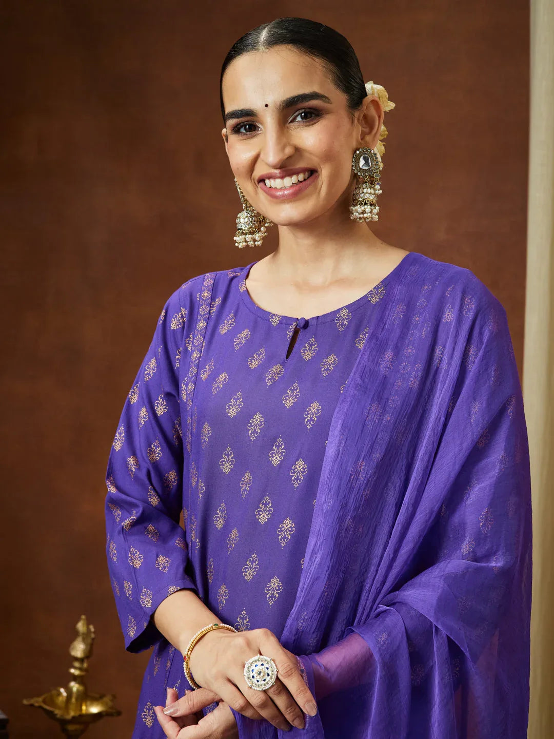 Janasya Women's Purple Rayon Ethnic Motifs Gold Printed A-line Kurta Set