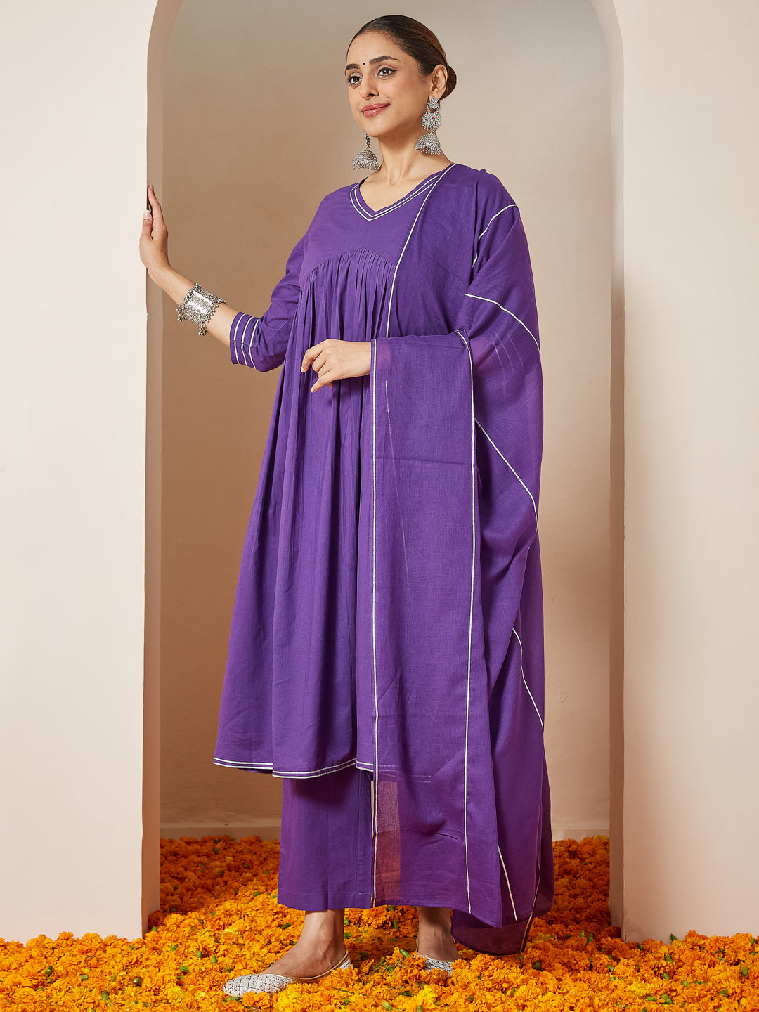 Janasya Women's Purple Pure Cotton Embellished A-line Kurta Set - qivii