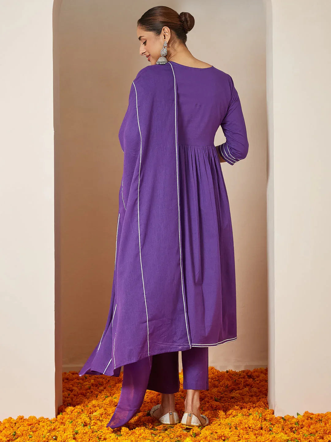 Janasya Women's Purple Pure Cotton Embellished A-line Kurta Set